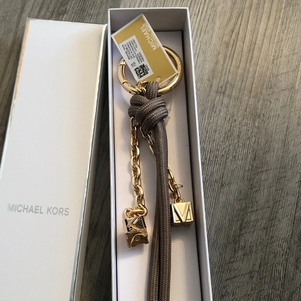 Michael Kors Gold Tone & Birch Cord Bag Charm MK Cubes NWT & Box - Picture 11 of 14